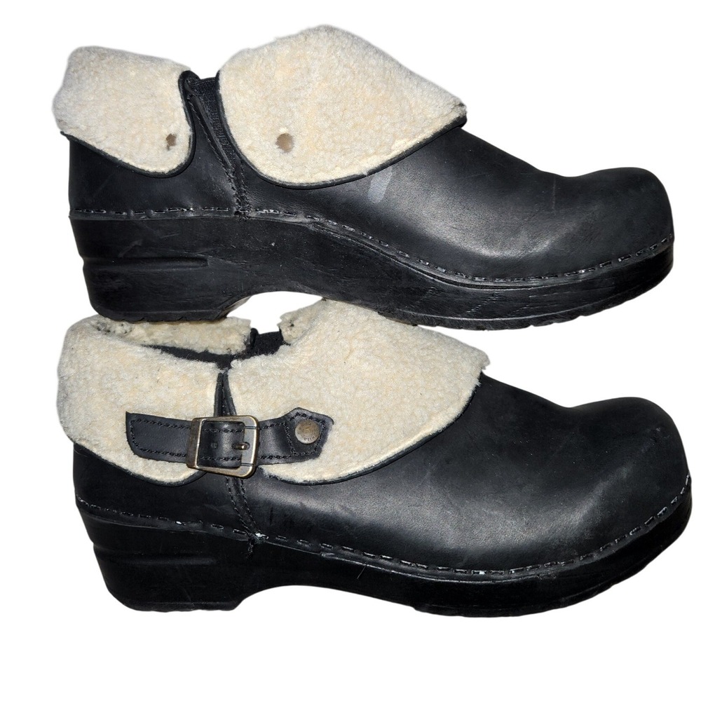Sanita Black Leather Shearling Fold Over Buckle Clogs Womens 39 Danish Platform